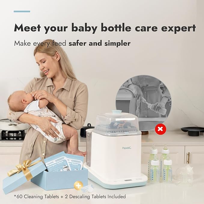 Papablic Bottle Washer Pro, Bottle Washer & Sterilizer & Dryer, 4-in-1 Sanitizer for Bottles, Pump Parts, C-Section& Baby Essentials - Quick & Clean with 60 Detergent Tablets