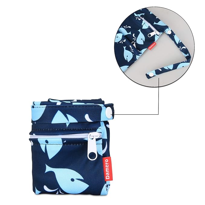 Damero 3Pcs Wet Dry Bag with 2 Zippered Pockets and Snap Handle for Cloth Diaper, Swimsuit, Clothes, Ideal for Travel, Exercise, Daycare, Roomy and Water-resistant (Whale)