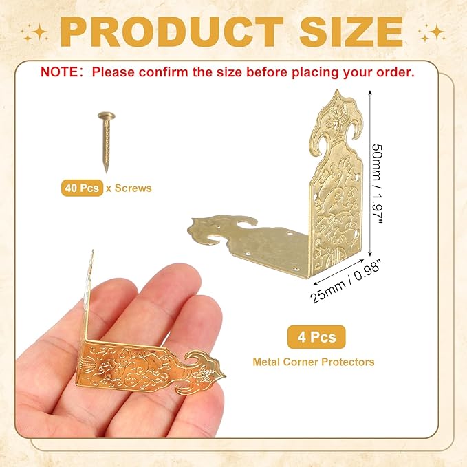 uxcell 4Pcs L Shaped Vintage Embossing Brass Decorative Corner 2 x 1 Inch Corner Protector with Mounting Nails Box Edge Guard Retro for Cabinets Furniture Decorative (Brass)