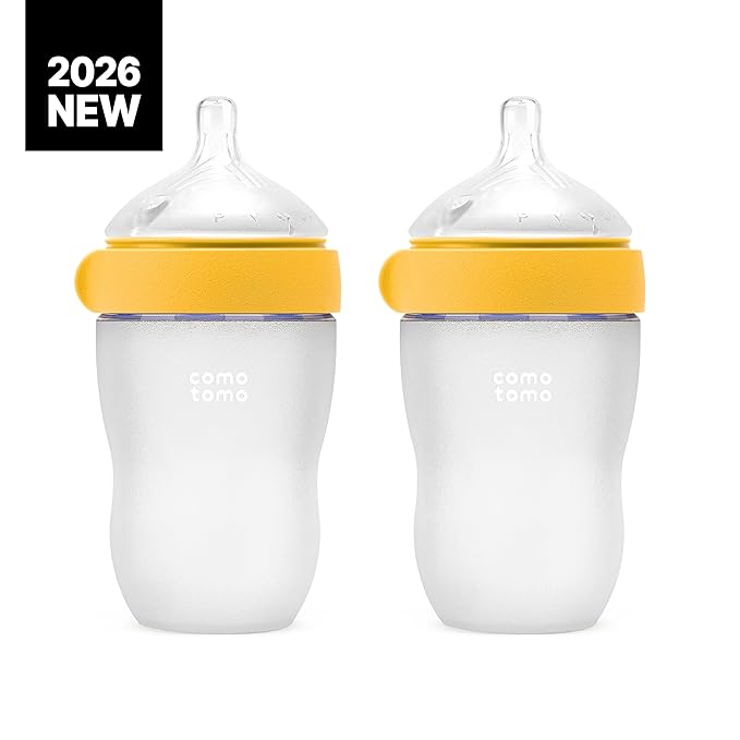 Silicone Baby Bottles Anti Colic Feeding Bundle – Comotomo Gen 2 8oz Baby Bottle Set (2 Pack Yellow) + Fast Flow Replacement Nipples – Breast Like Silicone Bottle for Bottle Feeding Babies