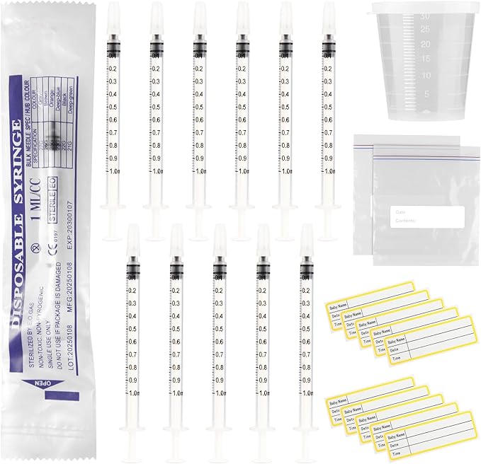 50 Sets 1ml Colostrum Syringes with Caps No Needle Colostrum Collector Kit Include 50pcs 1ml Sterile Syringes, 50 Labels, 5 Storage Bags and 1 Measuring Cup