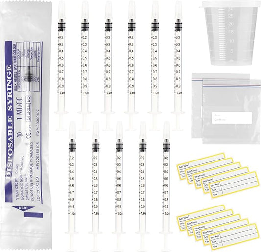 50 Sets 1ml Colostrum Syringes with Caps No Needle Colostrum Collector Kit Include 50pcs 1ml Sterile Syringes, 50 Labels, 5 Storage Bags and 1 Measuring Cup