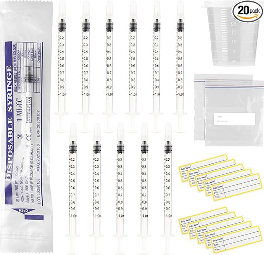 20 Sets 1ml Colostrum Syringes with Caps No Needle Colostrum Collector Kit Include 20pcs 1ml Sterile Syringes, 20 Labels, 2 Storage Bags and 1 Measuring Cup