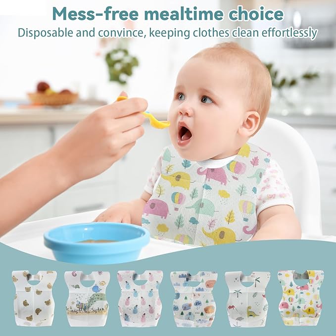 30 PCS Disposable Bibs for Toddlers, 6 Patterns Individually Packaged Baby Bibs with Catcher and Waterproof Liner for Boys Girls Eating, Baby Restaurant and Travel Essential