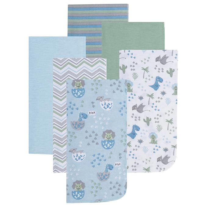 EVERYDAY KIDS 12 Pack Burp Cloths for Baby Boy; Newborn Essential with - Large Absorbent Cotton Flannel Blue/Green Burping Cloths for Babies with Baby Dinosaurs, Zig Zag and Stripe Prints and Solids