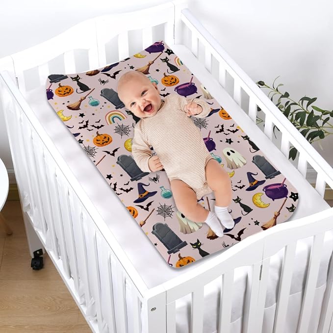 Halloween Boho Changing Pad Cover Spooky Witch Pumpkin Cat Bat Rainbow Baby Changing Pad Table Sheets for Boy Girl Halloween Moon Night Soft Stretchy Fitted Diaper Changing Table Mats 32''x16''