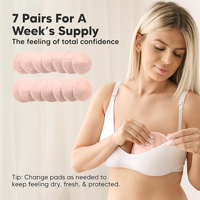Organic Nursing Pads - 14 Washable Breast Pads for Breastfeeding, Wash Bag, Viscose Derived from Bamboo Reusable Nipple Covers for Breastfeeding Essentials, Soft & Absorbent(Pink Sand, L 5")