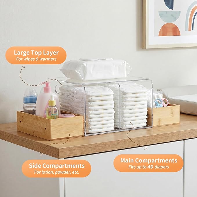 Acrylic Diaper Caddy, Changing Table Organizer with Handle & 3 Wooden Compartments, Storage for Wipe Dispenser, Baby Organizers and Storage, Perfect for Diapers Wipes Creams, Clear