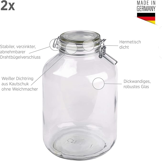 MÄSER, Gothika Series, 2 x 4.8 litres Large Storage Glasses with Swing Top, Gherkin Clip Top Glass Jars
