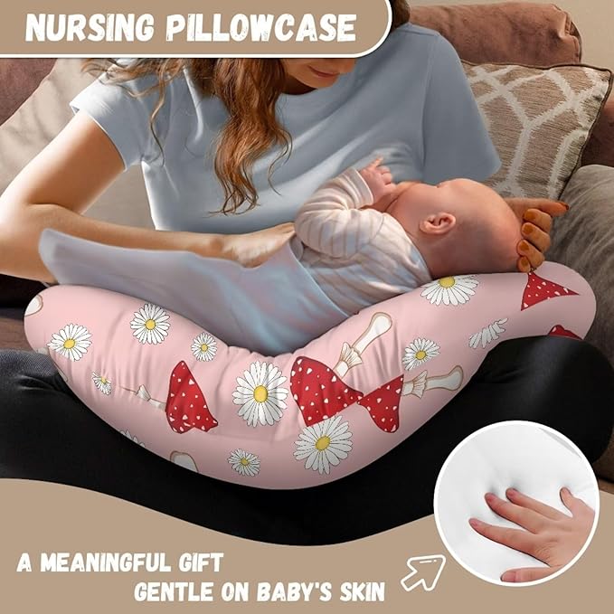 Mushroom and Daisy Nursing Pillow Cover for Baby Boy Girl Soft and Stretchy Safely Breastfeeding Pillow Cover Baby Essentials