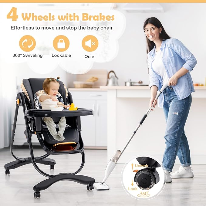 HONEY JOY Baby High Chair, Foldable High Chairs for Babies and Toddlers, Adjustable Heights, Recline Backrest & Footrest, Double-Layer Tray & Cushion, Portable Infant Highchair with Wheels (Black)