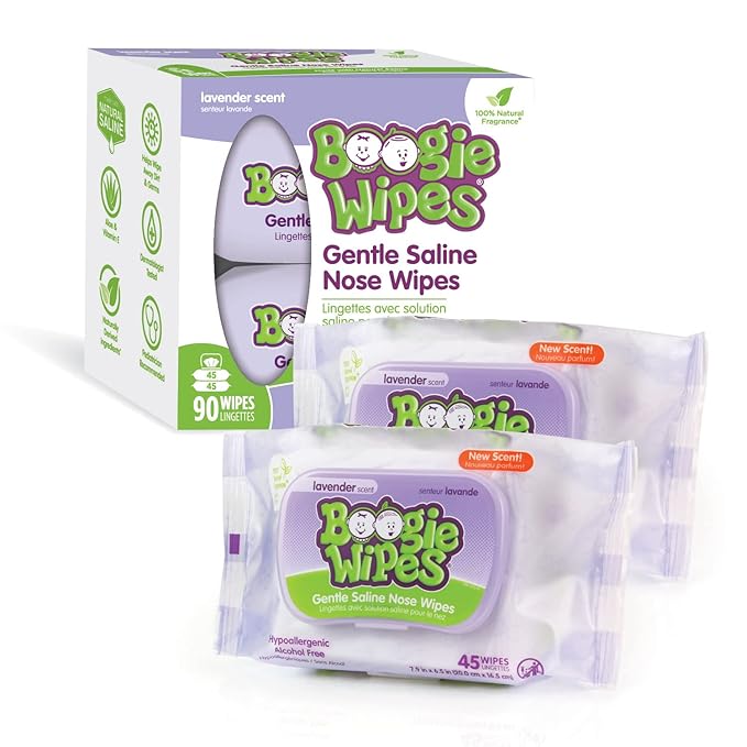 Saline Nose Wipes by Boogie, for Baby & Kids, Face, Hand & Body, FSA/HSA Eligible, Made with Vitamin E, Aloe, and Natural Saline, Lavender Scent, 90 Count (Pack of 1)