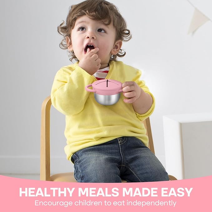 2-Pack Stainless Steel Snack Cup for Toddlers Spill-Proof, Baby Food Containers with Removable Silicone Lids & Handles | Dishwasher Safe, BPA-Free On-the-Go Kids Snack Containers Box