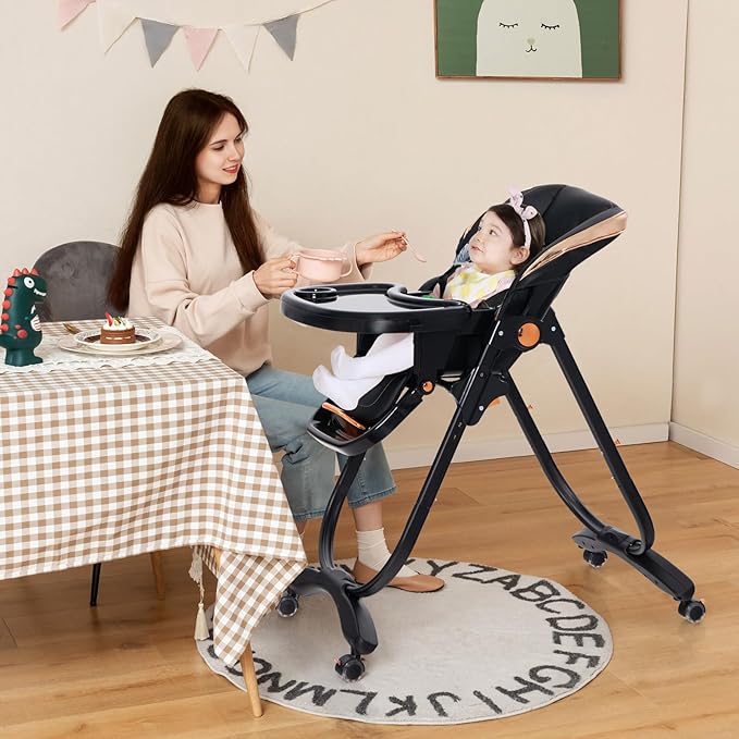 BABY JOY High Chair, Foldable Baby High Chair with Adjustable Height, Backrest & Footrest, Double Removable Tray, Portable Chair with Wheels for Babies & Toddlers of 6-36 Months (Black)
