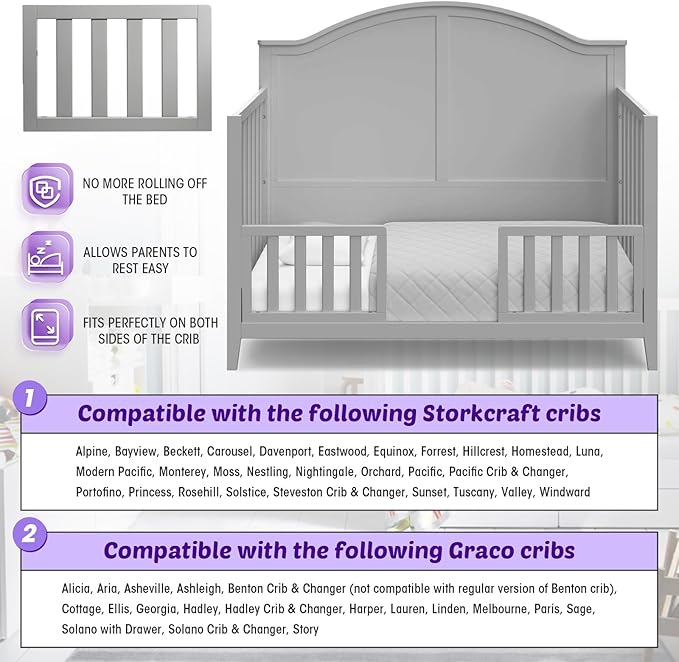 Salcod Toddler Safe Guardrail Compatible with Storkcraft and Graco Crib Conversion - CPSC Certified, Crib Rail for Prevent Toddler from Rolling Off The Bed, Gray