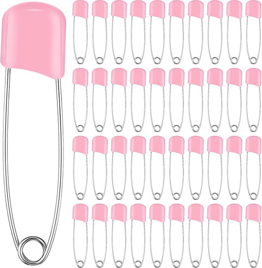 WILLBOND 100 Pcs Diaper Pins Safety 2.2 Inch Plastic Head Cloth Diaper Nappy Pins with Locking Closures Stainless Steel with Velvet Bag (Pink)