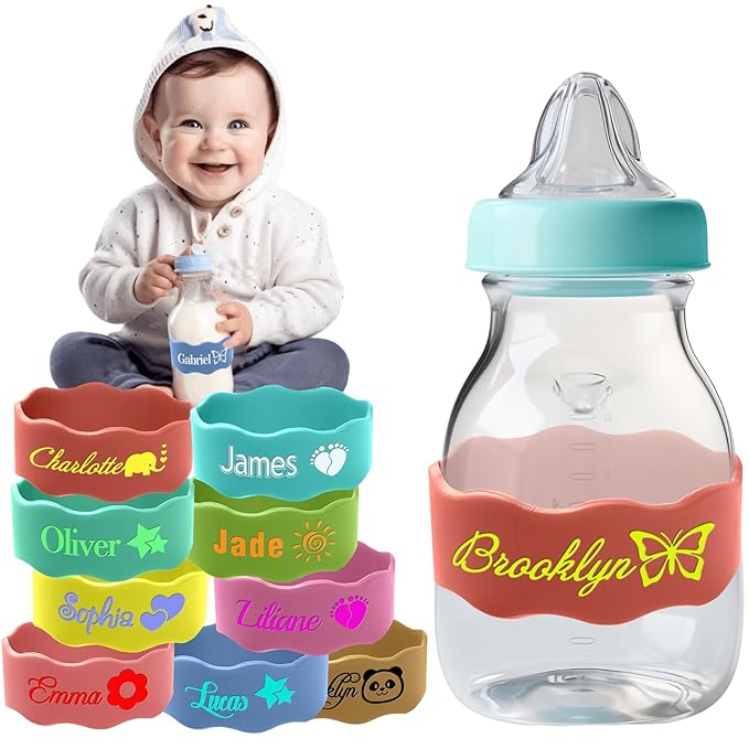Personalized Water Bottle Name Bands Custom Coloring Silicone Labels Customized Silicone Baby Bottle Labels for Daycare Reusable Baby Bottle Straps for Kids Cups School Waterproof-Orange