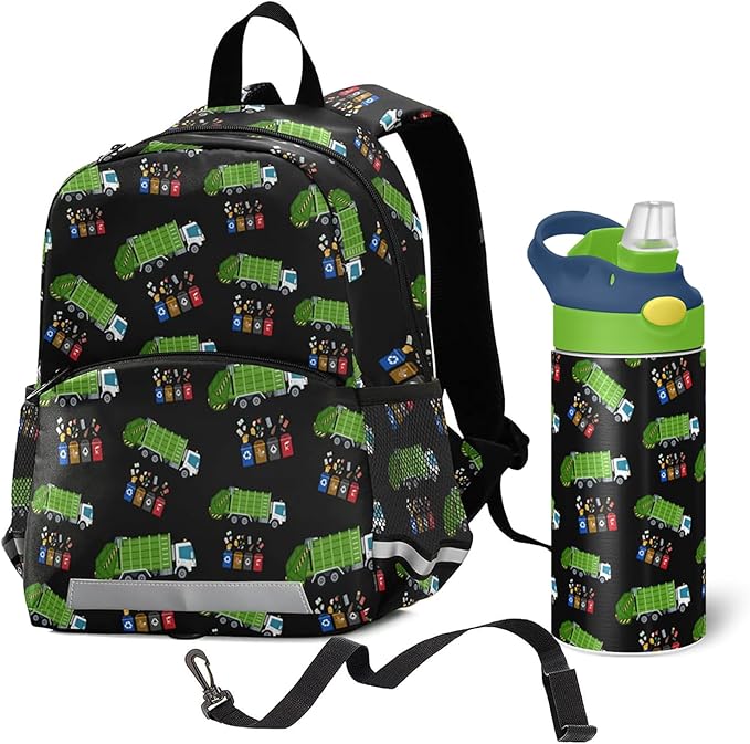 Garbage Truck Trash Recycling Water Bottle for kids- 12 Ounce;Kid's Toddler Backpack for Boys Girls