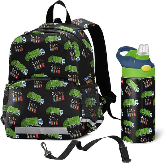 Garbage Truck Trash Recycling Water Bottle for kids- 12 Ounce;Kid's Toddler Backpack for Boys Girls