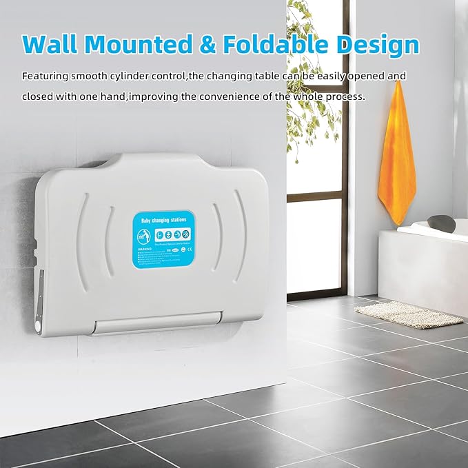Horizontal Baby Changing Station, Wall Mounted HDPE Fold-Down Diaper Changing Table for Commercial Bathrooms, Daycare, Restaurants & Hotels, Safety Strap, 2 Liner Dispensers, White Granite