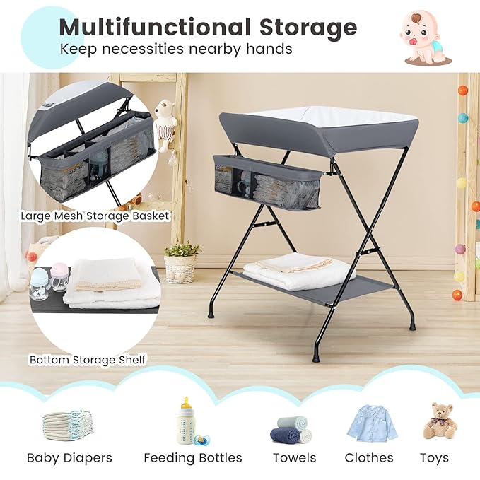 HONEY JOY Changing Table, Folding Nursery Organizer with Open Shelf & Safety Belt, Portable Diaper Changing Station for Newborn (Gray, Basic)