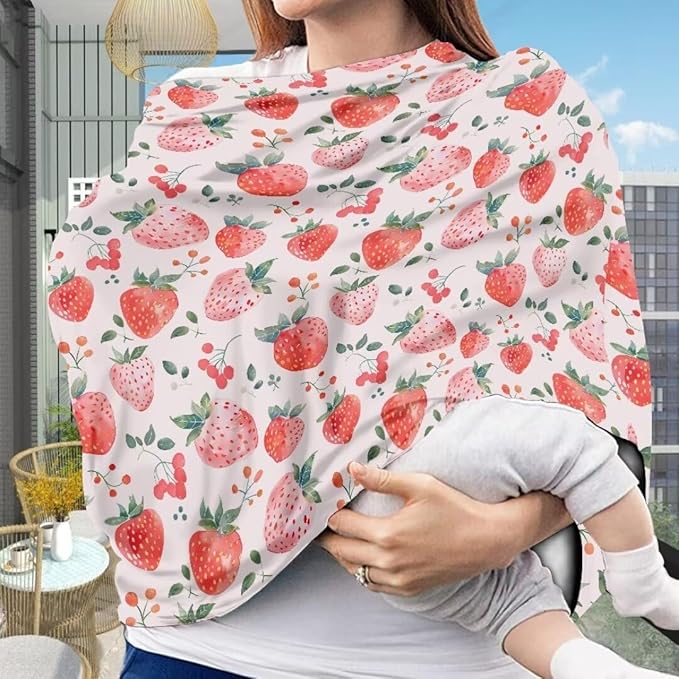 Coldinair Strawberry Baby Car Seat Covers,Soft Stretchy Nursing Cover Breastfeeding Scarff,Infant Stroller Cover for Girls and Boys