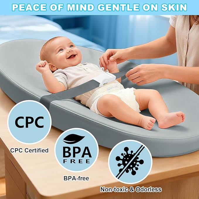 Baby Diaper Changing Pad, Wipeable Baby Changing Pad for Dresser, Contoured Waterproof Changing Pad with PU Cover, Non-Slip Safety Belt & Bottom, Portable, Lightweight (Grey)