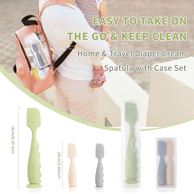 Diaper Cream Spatula with Case,2 Large 2 Mini Butt Paste Spatula with 3 Travel Case,Soft Baby Butt spatula Diaper Cream Applicator diaper Rash spatula Bum spatulas Brush (Green-White)