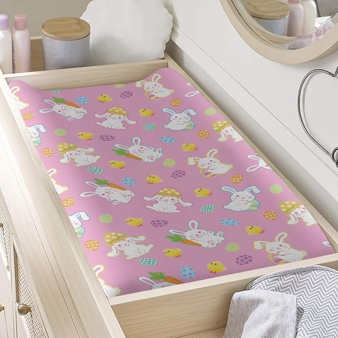 Easter Baby Changing Pad Cover Pink Diaper Changing Pad Cover Rabbit Changing Table Pad Cover Soft Breathable 32''*16'' Girl Nursery Decor