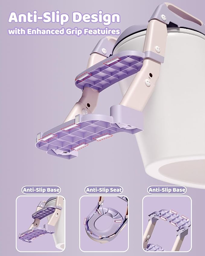 3-in-1 Potty Training Seat & Training Toilet & Potty Chair, Height AdjustableToddler Toilet Seat for Kids, Foldable Potty Training Toilet with Splash Guard & Anti-Slip Steps (Purple)