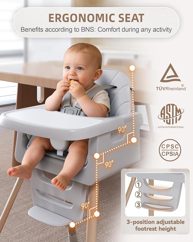 Baby High Chair for 6 Months+, Foldable High Chairs for Babies and Toddlers, Convertible High Chair, Adjustable Tray & Footrest, Portable High Chair & Easy to Clean(Grey with Wood Grain)
