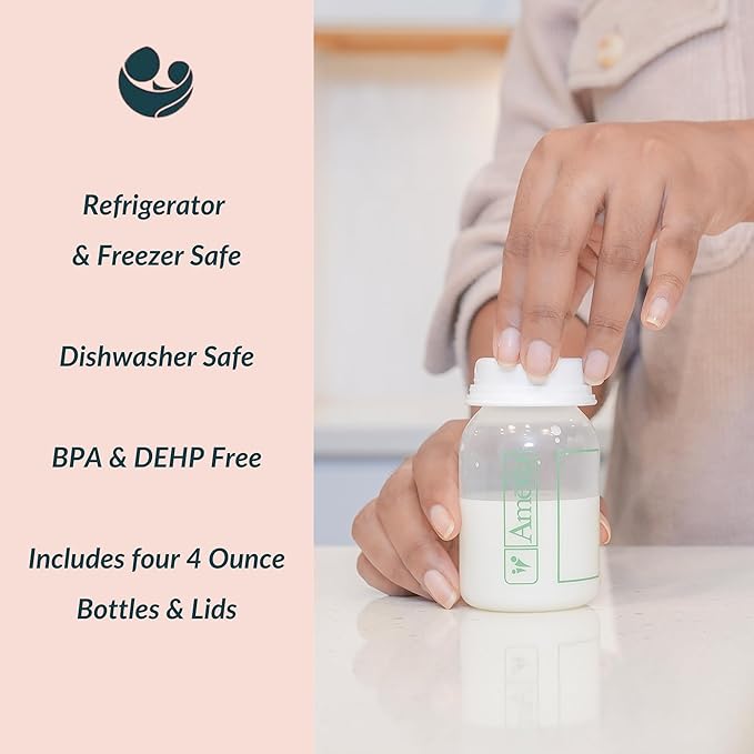 Ameda Breast Milk Storage Bottles Includes: (4) 4oz. Bottles with (4) 2-Piece Lock-Tight Caps, for Breast Milk Storage, Fits with Ameda Brand Pumps, Finesse & Most Standard Breast Pump Kits