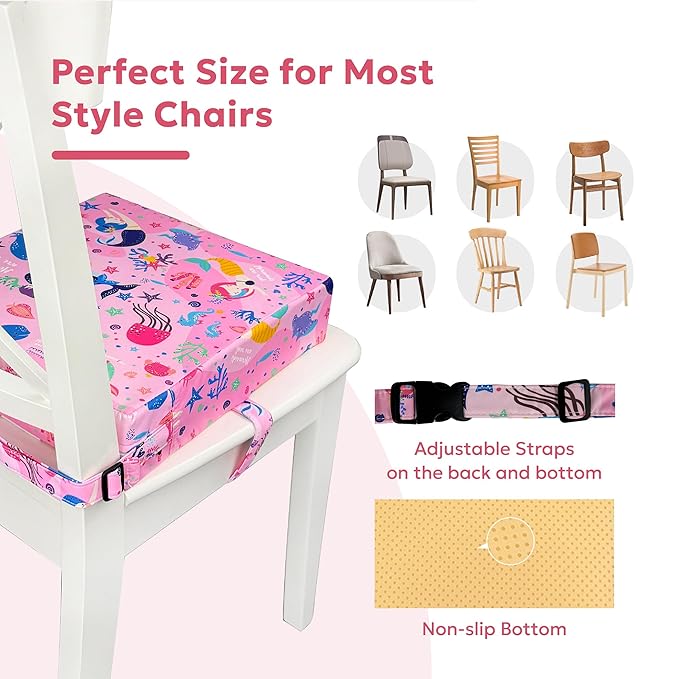Toddler Booster Seat for Dining Table & Kitchen Chairs - Premium Foam with Non-Slip Bottom & Double Adjustable Straps, Safety Certified, Portable Travel &Easy to Clean (Pink-Mermaid)