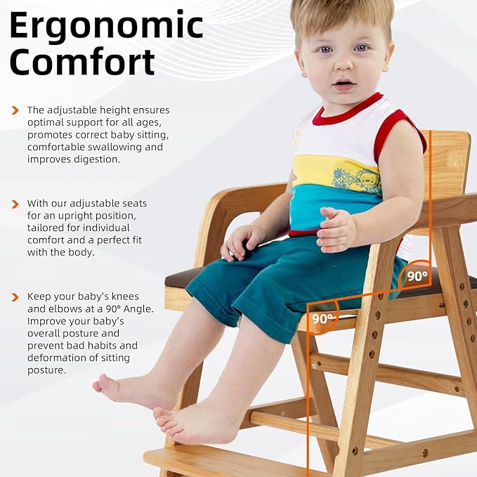 Wooden High Chair for Toddlers, Adjustable Baby Feeding Chair with Seat & Footrest, Grows with Child Dining Chair, Solid Wood Kids Learning Chair for Table, Study & Mealtime - Natural