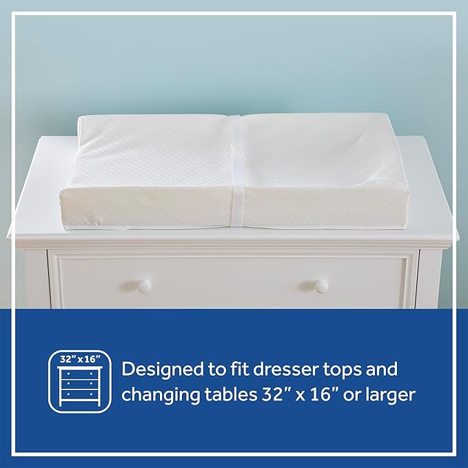 Sealy Baby Cotton Comfort Waterproof 3-Sided Contoured Diaper Changing Pad for Dresser or Table, Durable Easy to Clean Surface, Eco Friendlier Cover & Soy-Enhanced Foam, Made in USA - White, 32x16”