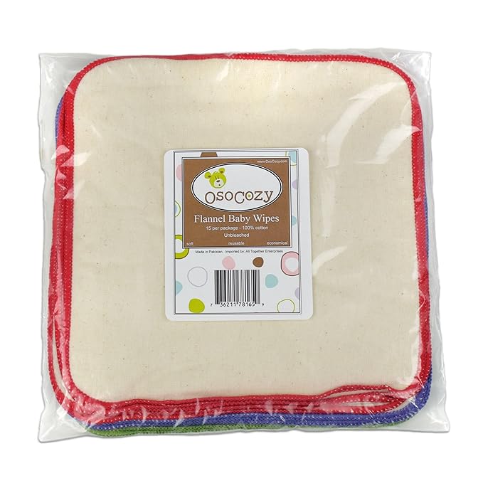 OsoCozy Unbleached Flannel Cloth Baby Wipes - Reusable & Washable Saves Money - 100% Cotton - Soft and Durable - Colorful Stitching - 8 x 8 inches - Three 15 Packs