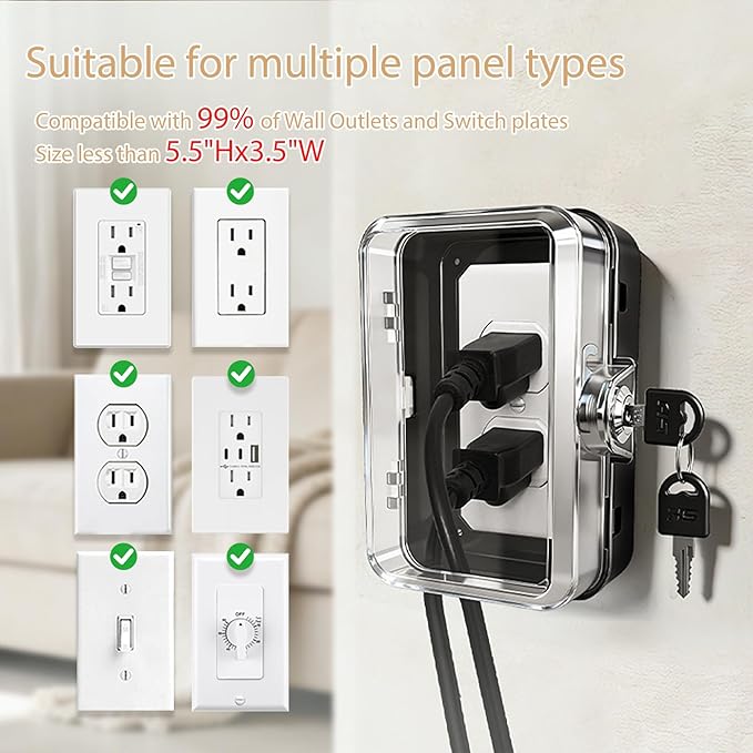 2 Pack Universal Baby Safety Electrical Outlet Cover Box Childproof Plug Cover - More Space for Large Plugs Easy to Install & Use Fit Socket Protector (2Pack, Black)