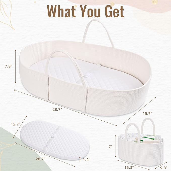 Changing Baskets Set,Moses Basket with Pad and Diaper Caddy,Set of 2 Baskets,Portable Cotton Rope Woven Basket,Replaceable Pad,Gifts for Newborn 28.7" x 15.7" x 7.8"（White）