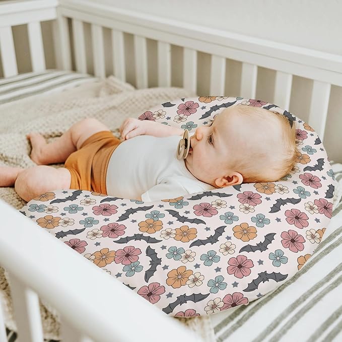 Boho Floral Halloween Bats Baby Nursing Pillow Covers for Boy Girl Vintage Fall Autumn Flowers Nursery Pillowcase for Breastfeeding Pillows Spooky Gothic Soft Stretchy Slipcovers for Newborn Infant