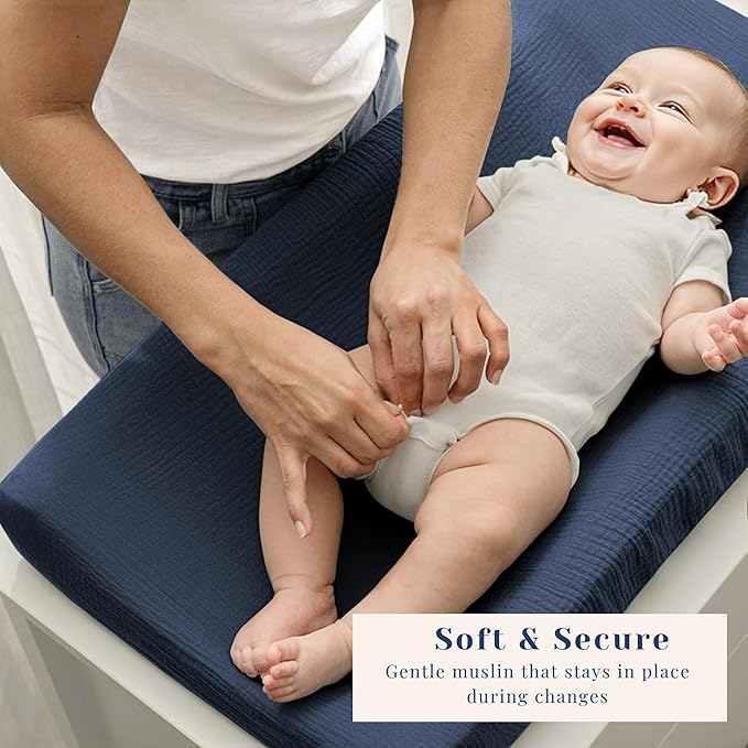 3 Pack Muslin Cotton Changing Pad Covers for Girl, Boy, 100% Soft Changing Table Cover, Breathable Baby Nursery Diaper Chang Pad Sheets (Nightfall Blue)