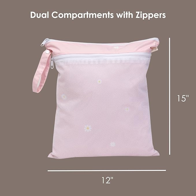 Ali+Oli Water Resistant Dual-Compartment Wet-Dry Bag for Travel, Hook to Stroller, Daycare, Diapers, Diaper Bag, Clutch Bag,15x12 inches (Blush Daisy)