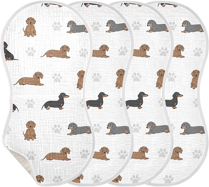 4 Pack Muslin Burp Cloths Dachshund Dogs Paw White Cotton Baby Burp Cloths Ultra Absorbent and Soft Thick Burping Cloth for Newborn Babies 22x11 Inch