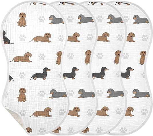 4 Pack Muslin Burp Cloths Dachshund Dogs Paw White Cotton Baby Burp Cloths Ultra Absorbent and Soft Thick Burping Cloth for Newborn Babies 22x11 Inch