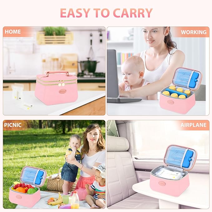 PIIOSER Breast Milk Cooler Travel Bag with 2 Ice Pack, Fits 6 Breastmilk Storage Bags Up to 8Oz, Insulated Small Baby Breastmilk Storage Cooler Bag for Daycare and Breastfeeding Mom (Pink-XS)