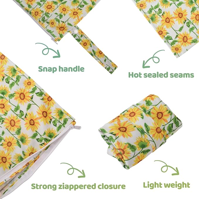 2PCS Waterproof Wet Bags for Baby Cloth Diaper,Reusable Travel Bags,Pump Parts,Beach,Pool,Gym Bag for Swimsuits&Wet Cloth Leak-proof Lightweight-Sunflower