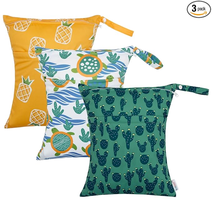 ALVA ALVABABY 3pcs Cloth Diaper Wet Dry Bags Waterproof Reusable with Two Zippered Pockets Travel Beach Pool Daycare Soiled Baby Items Yoga Gym Bag for Swimsuits or Wet Clothes 3L-ZM23A
