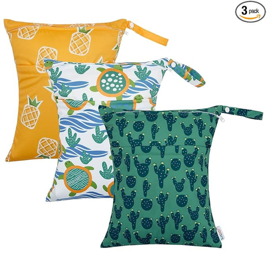 ALVA ALVABABY 3pcs Cloth Diaper Wet Dry Bags Waterproof Reusable with Two Zippered Pockets Travel Beach Pool Daycare Soiled Baby Items Yoga Gym Bag for Swimsuits or Wet Clothes 3L-ZM23A
