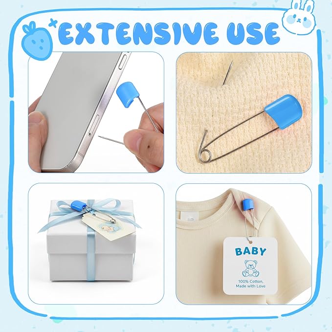 WILLBOND 8 Pcs Safety Pins 2.2 Inch Plastic Head Cloth Pins with Locking Closures Stainless Steel with Velvet Bag, Blue
