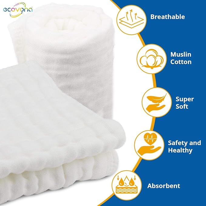 Muslin Burp Cloth for Baby Boys and Girls (8 Pack) | Cotton Newborn Essential Must Have Item | White Unisex Design | Super Soft and Absorbent Burping and Spit Up Cloths | Multi Use Baby Shower Item