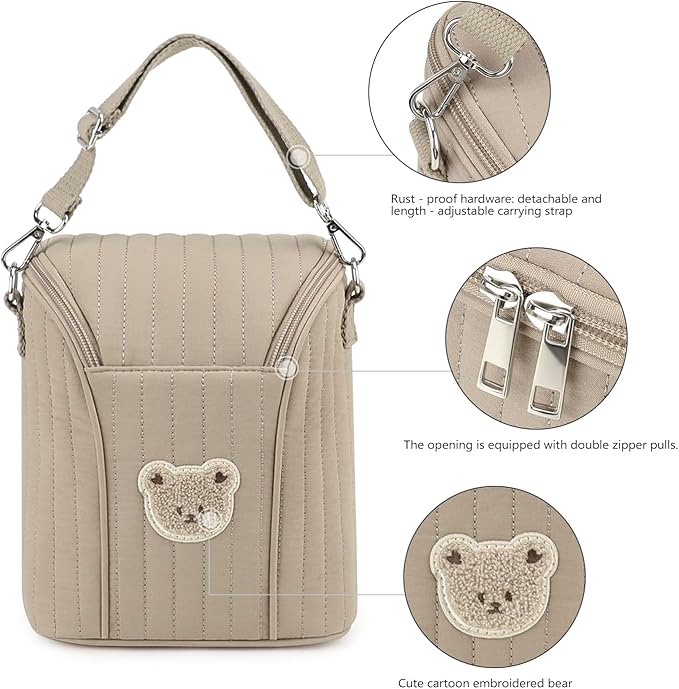 Lmbabter Embroidered Bear Stroller Organizer Tote Bag, Bottle Insulation Pouch, Portable Cooler Storage Essential for Milk/Breast Pump,Baby Travel Supplies (Brown)